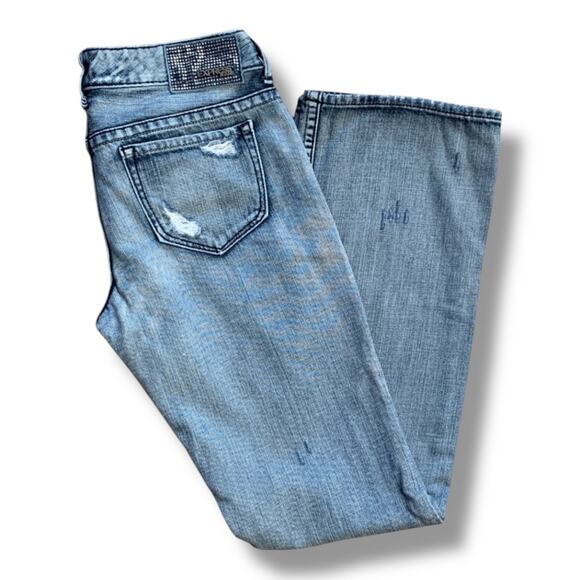Y2K Express Stella Boot Cut Low Rise Studded Distressed Blue Jeans Medium Wash - Picture 3 of 14